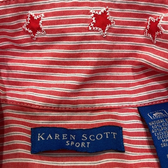 VINTAGE Karen Scott Red STRIPE Short Sleeve STARS Button Down FLAG embroidered - Picture 5 of 10
